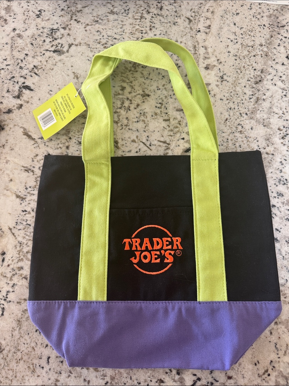 Trader Joe's Black Canvas Tote with Lime Handles and Purple Base